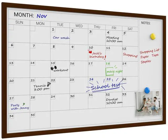 Main image of Dry Erase Calendar Whiteboard for Wall, Magnetic Dry Erase White Calendar Board with Brown Wood Frame, 36 * 24 inches Decorative Planner Board for Office, Kitchen, School, Home