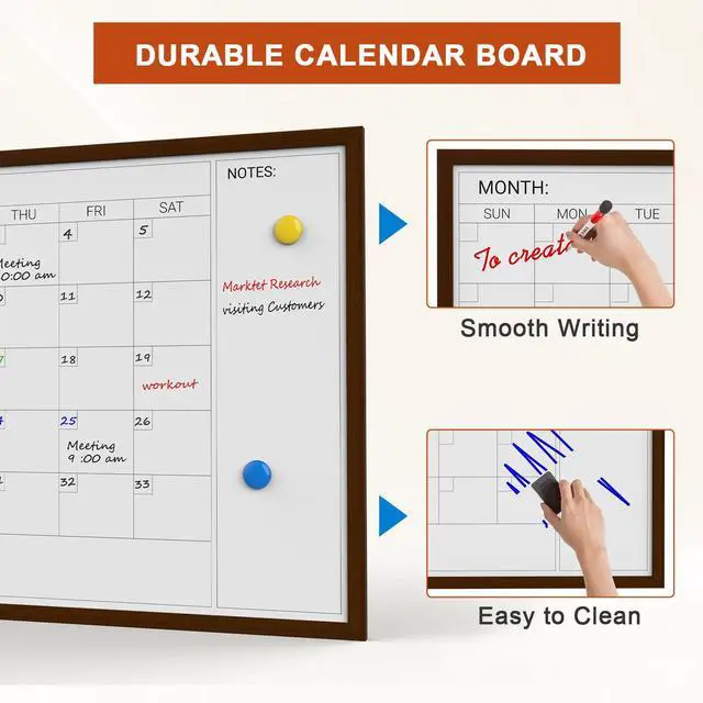 Alt view image 4 of 6 - Dry Erase Calendar Whiteboard for Wall, Magnetic Dry Erase White Calendar Board with Brown Wood Frame, 36 * 24 inches Decorative Planner Board for Office, Kitchen, School, Home