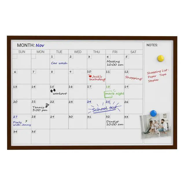 Alt view image 2 of 6 - Dry Erase Calendar Whiteboard for Wall, Magnetic Dry Erase White Calendar Board with Brown Wood Frame, 36 * 24 inches Decorative Planner Board for Office, Kitchen, School, Home