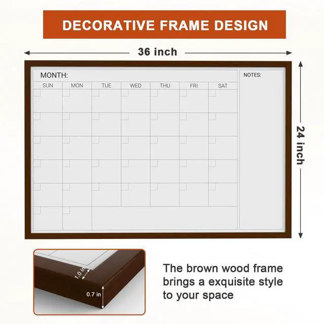 Alt view image 5 of 6 - Dry Erase Calendar Whiteboard for Wall, Magnetic Dry Erase White Calendar Board with Brown Wood Frame, 36 * 24 inches Decorative Planner Board for Office, Kitchen, School, Home