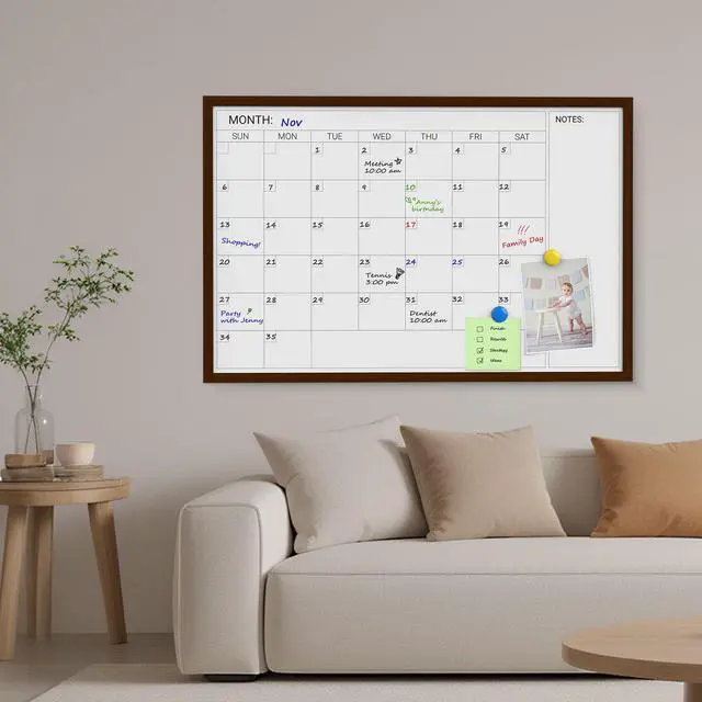 Alt view image 6 of 6 - Dry Erase Calendar Whiteboard for Wall, Magnetic Dry Erase White Calendar Board with Brown Wood Frame, 36 * 24 inches Decorative Planner Board for Office, Kitchen, School, Home
