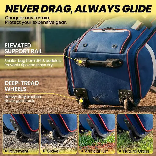 Alt view image 6 of 7 - 100L Rolling Catchers Gear Bag - Large Baseball & Softball Duffle with 5 Fence Hooks, Locker-Style Organizer, Holds 8 Bats, Vented Shoe Zone