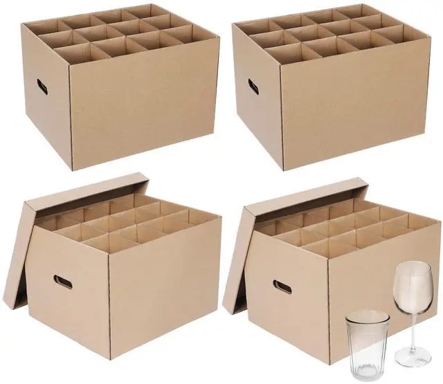 Main image of 4 Pack Wine Glass Moving Boxes Kitchen Moving Boxes with Handle Kitchen Kit with Lid for Dish Glassware(Brown,15 x 12 x 10 Inches)