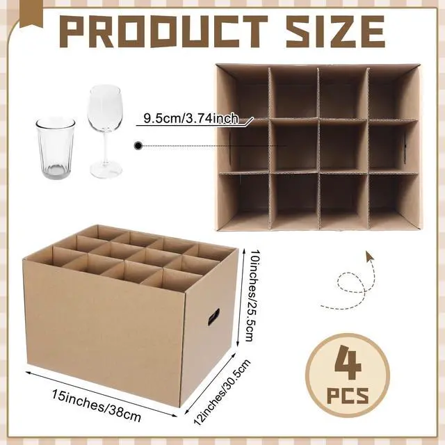 Alt view image 2 of 6 - 4 Pack Wine Glass Moving Boxes Kitchen Moving Boxes with Handle Kitchen Kit with Lid for Dish Glassware(Brown,15 x 12 x 10 Inches)