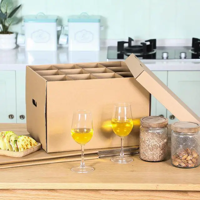 Alt view image 4 of 6 - 4 Pack Wine Glass Moving Boxes Kitchen Moving Boxes with Handle Kitchen Kit with Lid for Dish Glassware(Brown,15 x 12 x 10 Inches)