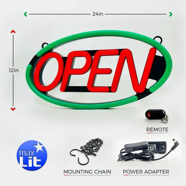 Alt view image 5 of 6 - 23'' X 12'' New Ultra Bright Oval LED Neon Sign - Open - Remote Controlled (Green/Red)