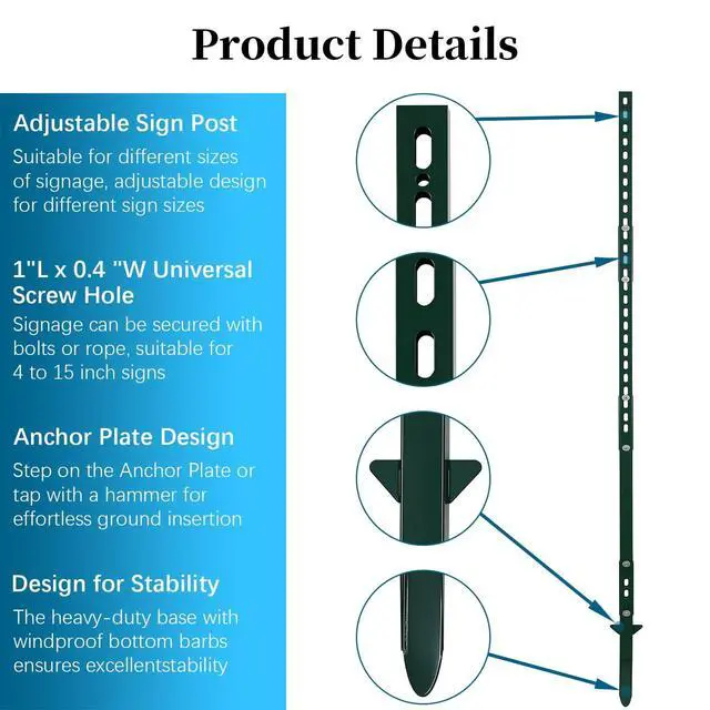 Alt view image 4 of 6 - 2 Pack 6 Ft Metal Yard Sign Stake, Adjustable Aluminum Sign Post with Holes, Durable Yard Stake for Signs, Sleek Modern Design Sign Holder for Outside Fence Road Parking Street Stop (Greenx2)