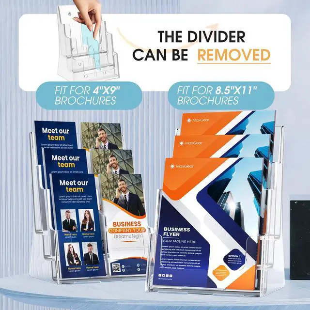 Alt view image 2 of 7 - Acrylic Brochure Holder 8.5 x 11 with Divider, 3 Tier, 4 Pack | Clear Acrylic with Slanted Back for Stable Display, Wall or Countertop Use, Non-Slip Slots, Fits 4 x 9 Inserts via Divider