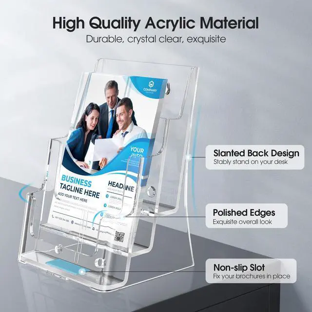 Alt view image 3 of 7 - Acrylic Brochure Holder 8.5 x 11 with Divider, 3 Tier, 4 Pack | Clear Acrylic with Slanted Back for Stable Display, Wall or Countertop Use, Non-Slip Slots, Fits 4 x 9 Inserts via Divider