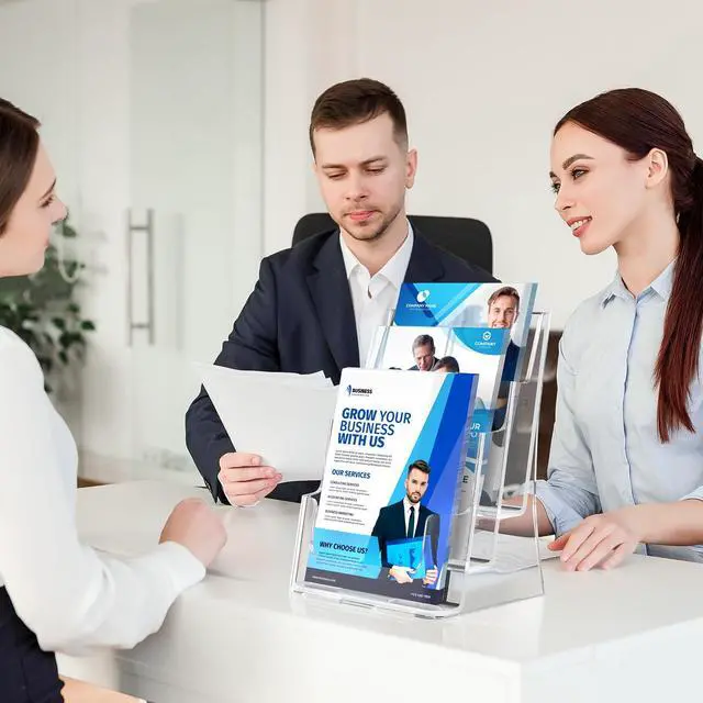 Alt view image 7 of 7 - Acrylic Brochure Holder 8.5 x 11 with Divider, 3 Tier, 4 Pack | Clear Acrylic with Slanted Back for Stable Display, Wall or Countertop Use, Non-Slip Slots, Fits 4 x 9 Inserts via Divider