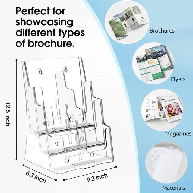 Alt view image 4 of 7 - Acrylic Brochure Holder 8.5 x 11 with Divider, 3 Tier, 4 Pack | Clear Acrylic with Slanted Back for Stable Display, Wall or Countertop Use, Non-Slip Slots, Fits 4 x 9 Inserts via Divider