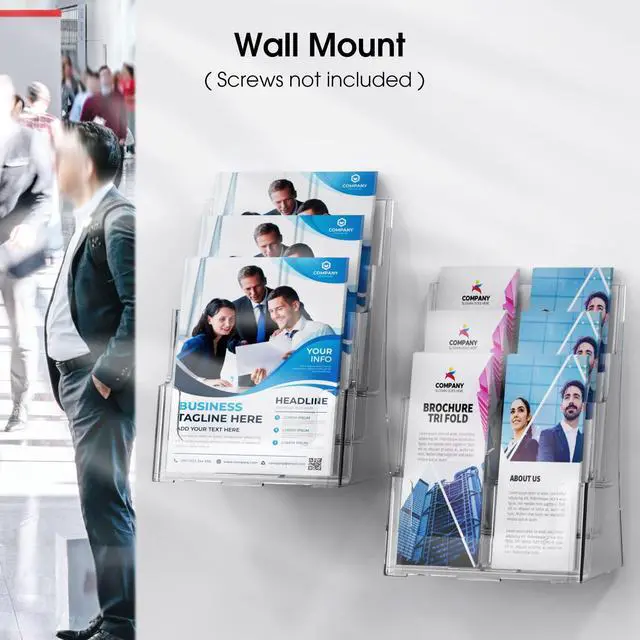 Alt view image 5 of 7 - Acrylic Brochure Holder 8.5 x 11 with Divider, 3 Tier, 4 Pack | Clear Acrylic with Slanted Back for Stable Display, Wall or Countertop Use, Non-Slip Slots, Fits 4 x 9 Inserts via Divider