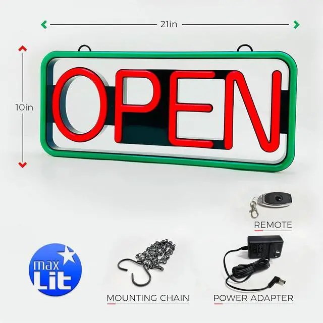 Alt view image 4 of 7 - 21'' X 10'' New Ultra Bright LED Neon Sign - OPEN - Remote Controlled (Green/Red)