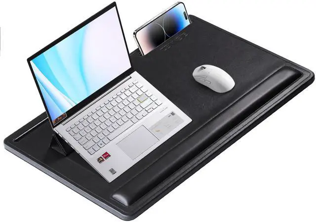 Main image of Leather Lap Desk with Memory Foam Cushion 24x16 Inches (Black) | Adjustable Portable Laptop Tray Fits 17 19 Inch Notebook - Built-in Wrist Rest Lightweight Computer Desk