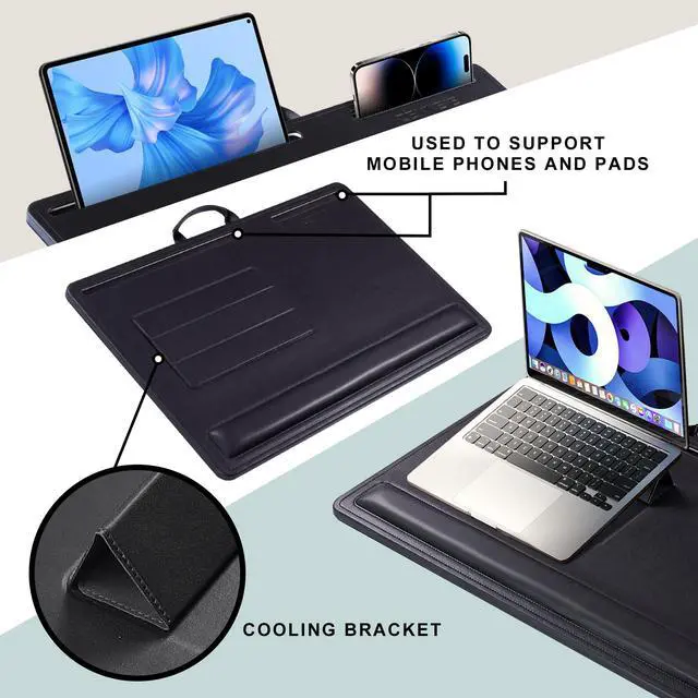 Alt view image 3 of 7 - Leather Lap Desk with Memory Foam Cushion 24x16 Inches (Black) | Adjustable Portable Laptop Tray Fits 17 19 Inch Notebook - Built-in Wrist Rest Lightweight Computer Desk