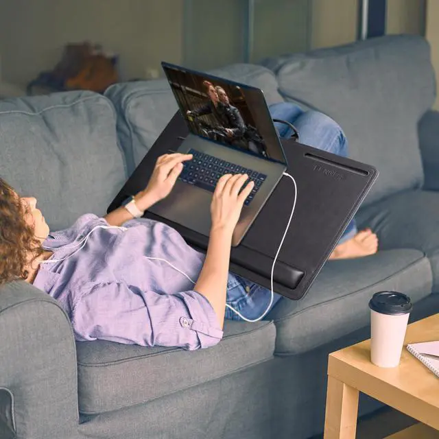 Alt view image 6 of 7 - Leather Lap Desk with Memory Foam Cushion 24x16 Inches (Black) | Adjustable Portable Laptop Tray Fits 17 19 Inch Notebook - Built-in Wrist Rest Lightweight Computer Desk