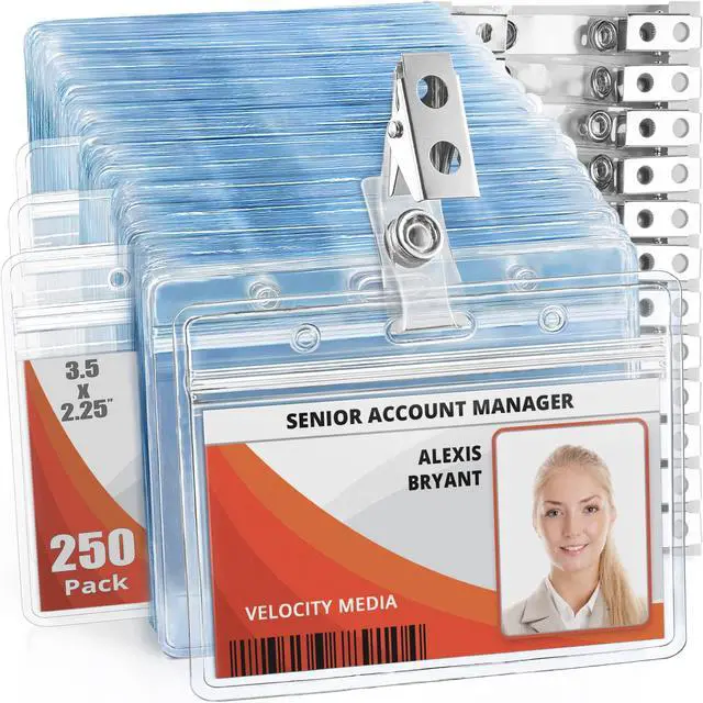 Main image of 2.25x3.5 Horizontal ID Name Badge Holder w/Clip & Straps - 250 Pack | clear plastic identification name tag holders with metal bulldog clips and vinyl snap straps, soft edge, zipper seal