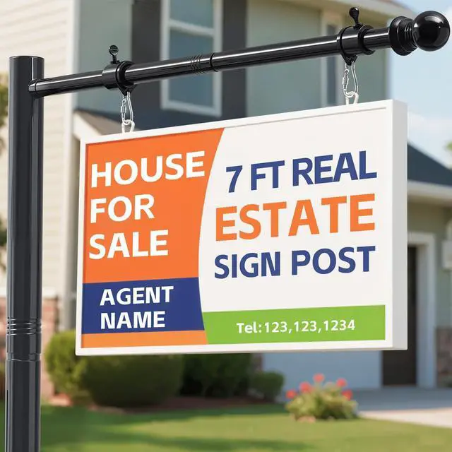 Main image of Real Estate Sign Posts 7FT Wind-Resistant Yard Sign Holder with Adjustable 32 Arm for Outdoor Realtor Sign Heavy Duty Metal Yard Sign Stakes Stand 2PC