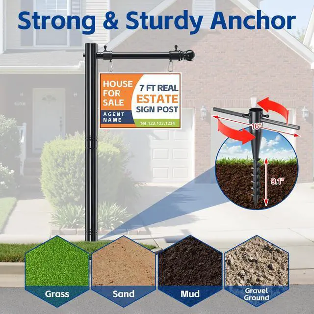 Alt view image 2 of 7 - Real Estate Sign Posts 7FT Wind-Resistant Yard Sign Holder with Adjustable 32 Arm for Outdoor Realtor Sign Heavy Duty Metal Yard Sign Stakes Stand 2PC