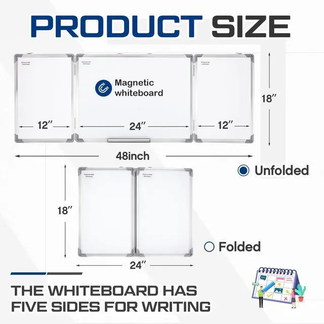 Alt view image 2 of 6 - 48 x 18 Foldable Whiteboard Dry Erase Board Large Tri Folding Whiteboard Magnetic Dry Erase Board, Wall Aluminium Frame and Flip Out Pen Tray for Office, Home