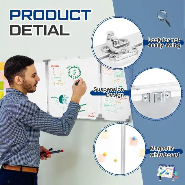 Alt view image 3 of 6 - 48 x 18 Foldable Whiteboard Dry Erase Board Large Tri Folding Whiteboard Magnetic Dry Erase Board, Wall Aluminium Frame and Flip Out Pen Tray for Office, Home