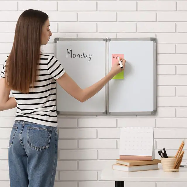 Alt view image 4 of 6 - 48 x 18 Foldable Whiteboard Dry Erase Board Large Tri Folding Whiteboard Magnetic Dry Erase Board, Wall Aluminium Frame and Flip Out Pen Tray for Office, Home