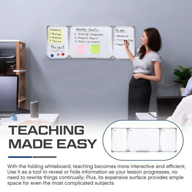 Alt view image 5 of 6 - 48 x 18 Foldable Whiteboard Dry Erase Board Large Tri Folding Whiteboard Magnetic Dry Erase Board, Wall Aluminium Frame and Flip Out Pen Tray for Office, Home