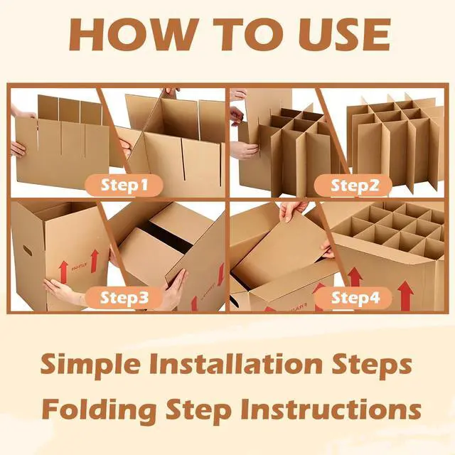 Alt view image 4 of 7 - 4 Sets Wine Boxes for Moving, 16 x 12 x 12 Inch Wine Bottle Moving Boxes with Reinforced Cardboard and Handles, Corrugated Boxes with Fragile Labels for Glassware, Moving, Packaging, Storage