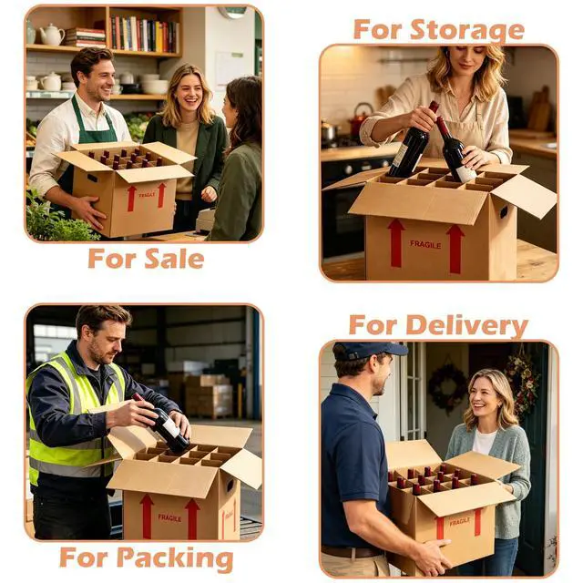 Alt view image 5 of 7 - 4 Sets Wine Boxes for Moving, 16 x 12 x 12 Inch Wine Bottle Moving Boxes with Reinforced Cardboard and Handles, Corrugated Boxes with Fragile Labels for Glassware, Moving, Packaging, Storage