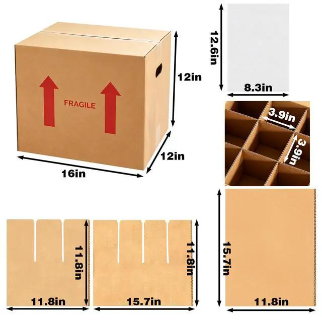 Alt view image 2 of 7 - 4 Sets Wine Boxes for Moving, 16 x 12 x 12 Inch Wine Bottle Moving Boxes with Reinforced Cardboard and Handles, Corrugated Boxes with Fragile Labels for Glassware, Moving, Packaging, Storage
