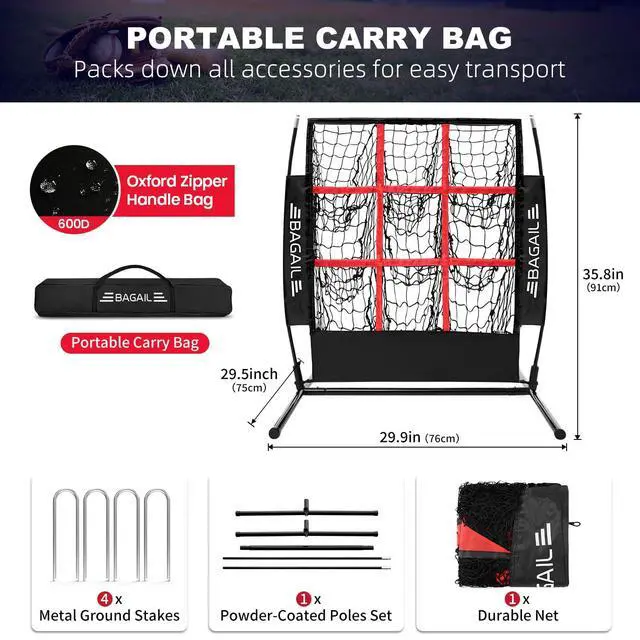 Alt view image 7 of 7 - 9 Hole Pitching Net, Baseball Softball Accuracy Training Target | 3-min Setup, Heavy-Duty Frame, 8-Ply Reinforced Net, Indoor & Outdoor Throwing Practice, Include Carry Bag & Ground Stakes