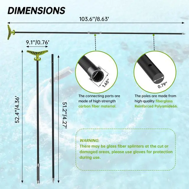 Alt view image 2 of 7 - 8.63ft/12.3ft Shallow Water Anchor Pole, Fiberglass Push Poles for Boat with T-Handle & 316 Stainless Tip, Corrosion-Resistant Sand Anchor for Beach Kayak, Gloves Included
