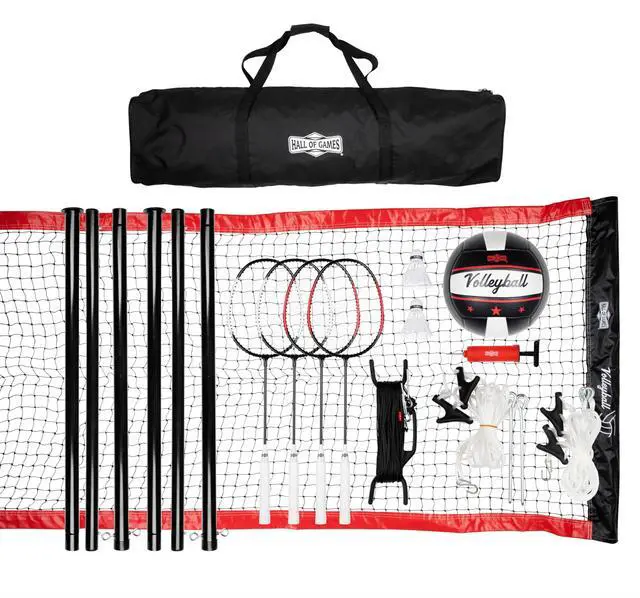 Main image of Outdoor Volleyball and Badminton Net with Carrying Bag Accessories Set and Adjustable Steel Poles Perfect for Parties