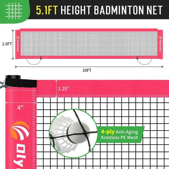 Alt view image 5 of 7 - 20ft Portable Outdoor Badminton Net Set for Driveway Backyard, Beach, Park with Durable Anti-Sag PE Net, Heavy Duty Steel Poles, 4 Badminton Rackets, 3 Shuttlecocks and 600D Carry Bag