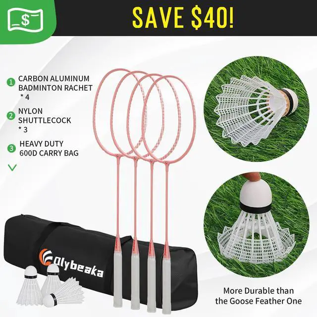 Alt view image 6 of 7 - 20ft Portable Outdoor Badminton Net Set for Driveway Backyard, Beach, Park with Durable Anti-Sag PE Net, Heavy Duty Steel Poles, 4 Badminton Rackets, 3 Shuttlecocks and 600D Carry Bag
