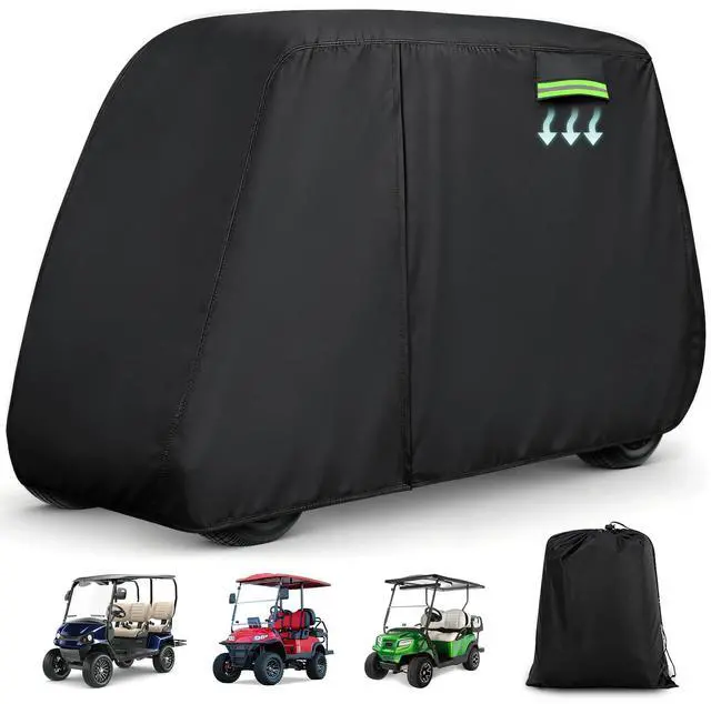 Main image of Waterproof Golf Cart Cover 4 Passenger for Yamaha/E-Z-Go/Cushman/Club Car/Evolution/ICON, Heavy Duty Sun Rain Dust Protection 2+2/4 Passenger Golf Cart Cover with Soft Cotton Lining & Door Zipper-M