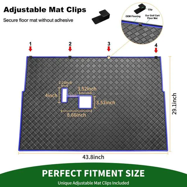 Alt view image 6 of 7 - Golf Cart Floor Liner Mat 8mm Thick Rubber Full Coverage Fit for Club Car DS 1982-2013 / Villager 1982-2018 Carts Heavy-Duty Non-Slip Front Feet Mats Replacement Easy to Clean - Blue Trim