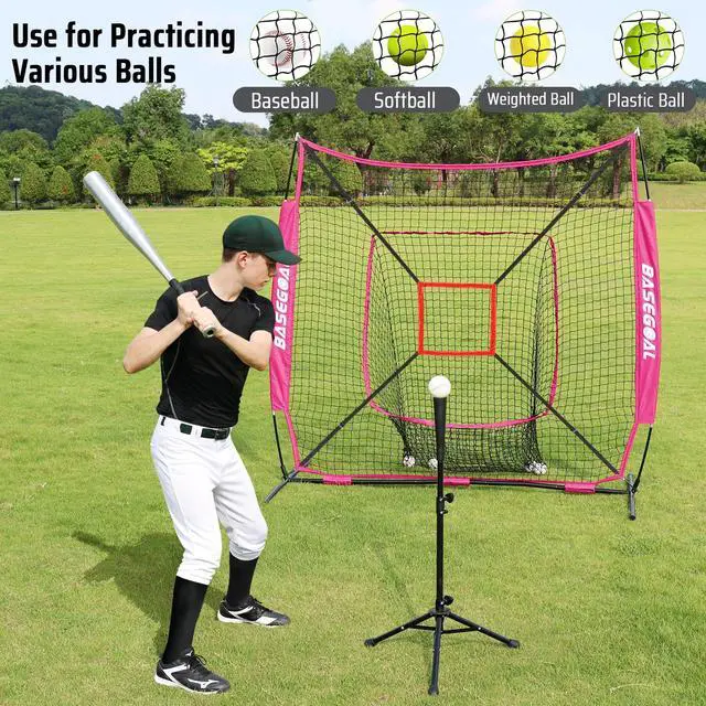 Alt view image 2 of 7 - 7'×7' Baseball Softball Practice Net,Baseball Backstop,with Batting Tee,for Hitting Pitching Batting Catching with Bow Frame,Bonus Strike Zone