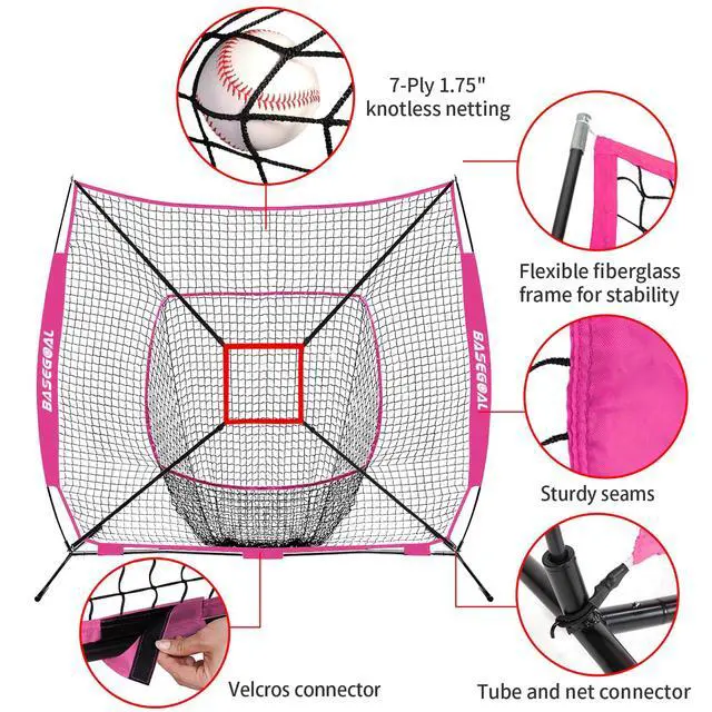 Alt view image 3 of 7 - 7'×7' Baseball Softball Practice Net,Baseball Backstop,with Batting Tee,for Hitting Pitching Batting Catching with Bow Frame,Bonus Strike Zone