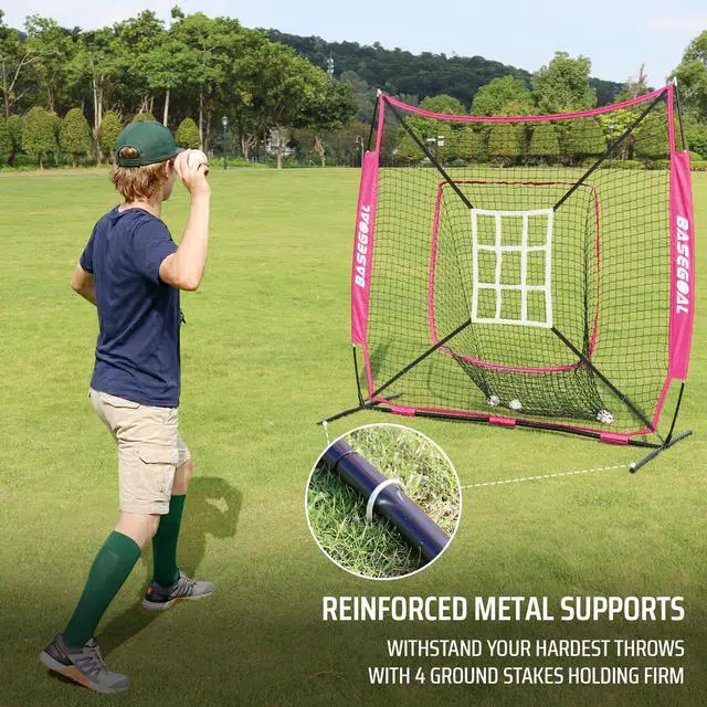 Alt view image 4 of 7 - 7'×7' Baseball Softball Practice Net,Baseball Backstop,with Batting Tee,for Hitting Pitching Batting Catching with Bow Frame,Bonus Strike Zone