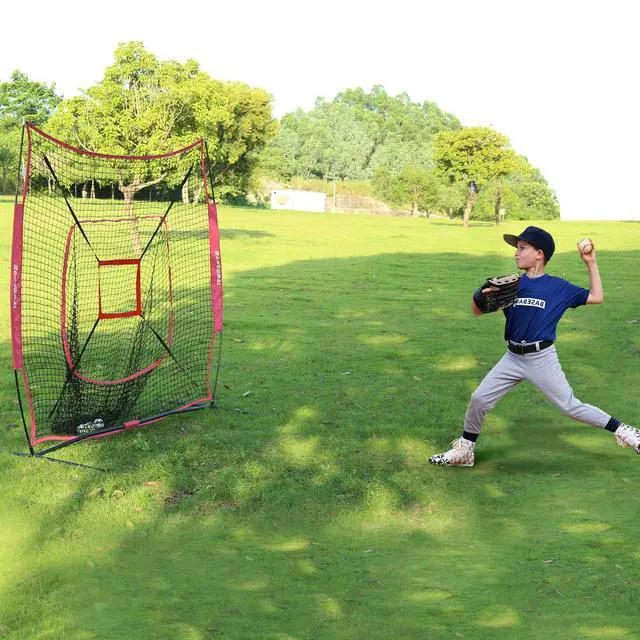 Alt view image 6 of 7 - 7'×7' Baseball Softball Practice Net,Baseball Backstop,with Batting Tee,for Hitting Pitching Batting Catching with Bow Frame,Bonus Strike Zone