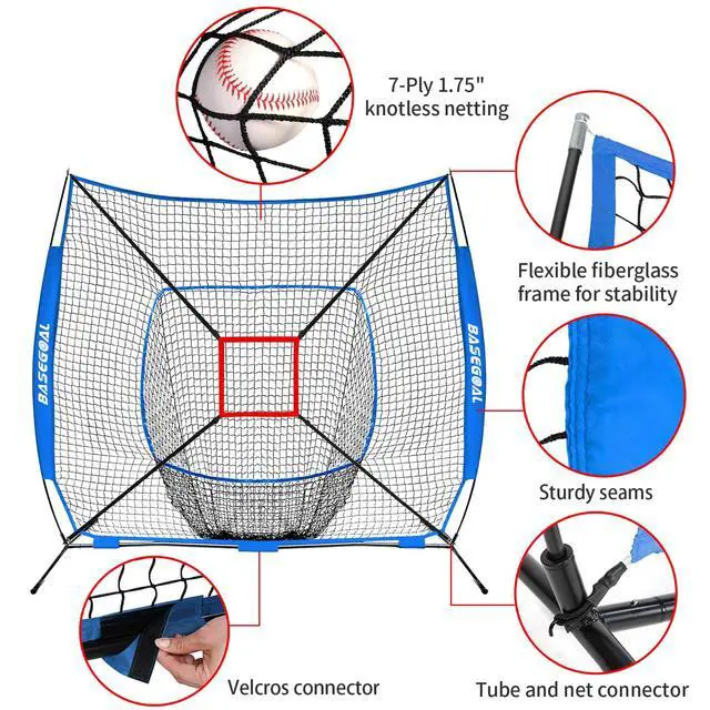 Alt view image 3 of 7 - 7'×7' Baseball Softball Practice Net,Baseball Backstop,with Batting Tee,for Hitting Pitching Batting Catching with Bow Frame,Bonus Strike Zone