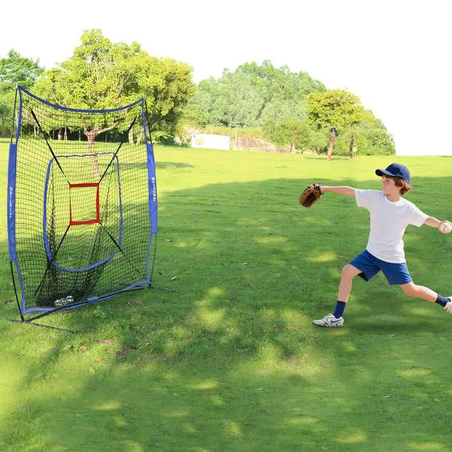 Alt view image 6 of 7 - 7'×7' Baseball Softball Practice Net,Baseball Backstop,with Batting Tee,for Hitting Pitching Batting Catching with Bow Frame,Bonus Strike Zone