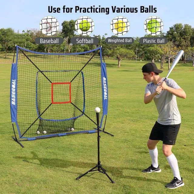 Alt view image 2 of 7 - 7'×7' Baseball Softball Practice Net,Baseball Backstop,with Batting Tee,for Hitting Pitching Batting Catching with Bow Frame,Bonus Strike Zone