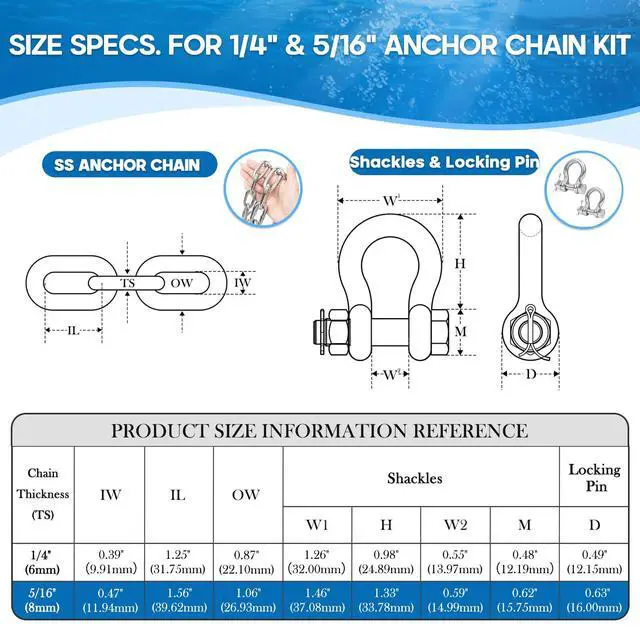 Alt view image 2 of 7 - 1/4" or 5/16" Anchor Chain for Boat, Marine Grade Boat Anchor Chain | Heavy-Duty 316 Stainless Steel Anchor Chain with 2 pcs Anti-Off Double Shackle for Pontoon, Deck, Sail, and Various Anchors