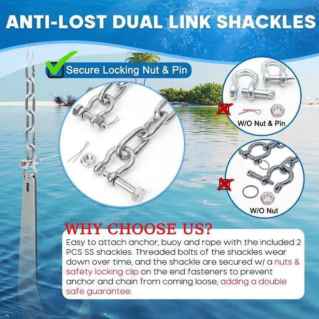 Alt view image 4 of 7 - 1/4" or 5/16" Anchor Chain for Boat, Marine Grade Boat Anchor Chain | Heavy-Duty 316 Stainless Steel Anchor Chain with 2 pcs Anti-Off Double Shackle for Pontoon, Deck, Sail, and Various Anchors