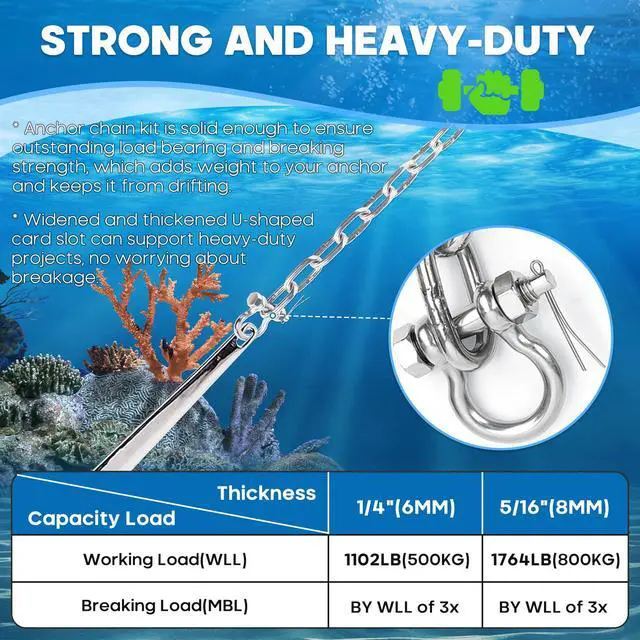 Alt view image 6 of 7 - 1/4" or 5/16" Anchor Chain for Boat, Marine Grade Boat Anchor Chain | Heavy-Duty 316 Stainless Steel Anchor Chain with 2 pcs Anti-Off Double Shackle for Pontoon, Deck, Sail, and Various Anchors
