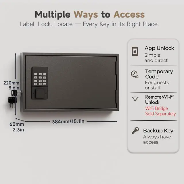 Alt view image 2 of 6 - 30 Key Lock Box Wall Mount, Smart Key Cabinet with Keypad for Office | Key Lockbox use Bluetooth App, Custom & One Time Password, WiFi Unlock (Bridge Not Included), Key Holder for School, Home
