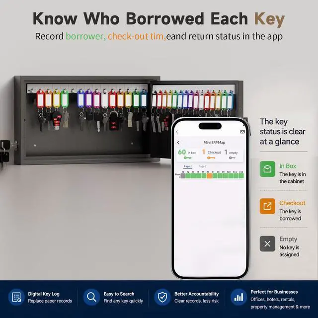 Alt view image 6 of 6 - 30 Key Lock Box Wall Mount, Smart Key Cabinet with Keypad for Office | Key Lockbox use Bluetooth App, Custom & One Time Password, WiFi Unlock (Bridge Not Included), Key Holder for School, Home