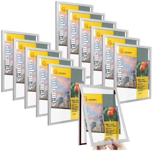 Main image of Acrylic Magnetic Sign Holder, Easy-Opening 8.5 x 11 Wall Mount Display Frames, Self Adhesive Back Plastic Clear Document Frame, Horizontal & Vertical Display (Silver, 12Pack)